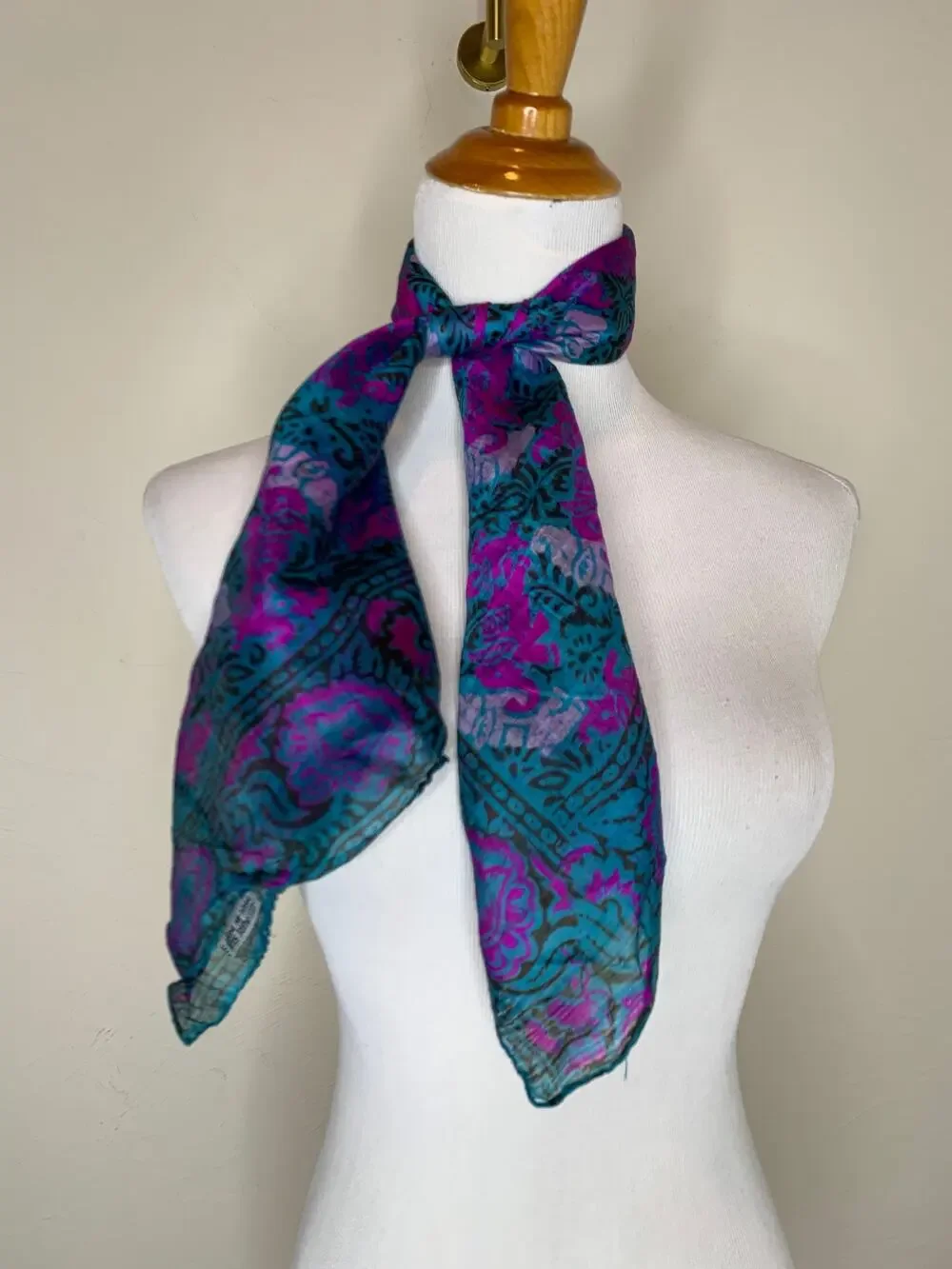 Green Pink Purple Floral Batik? Silk Scarf 29 x 27